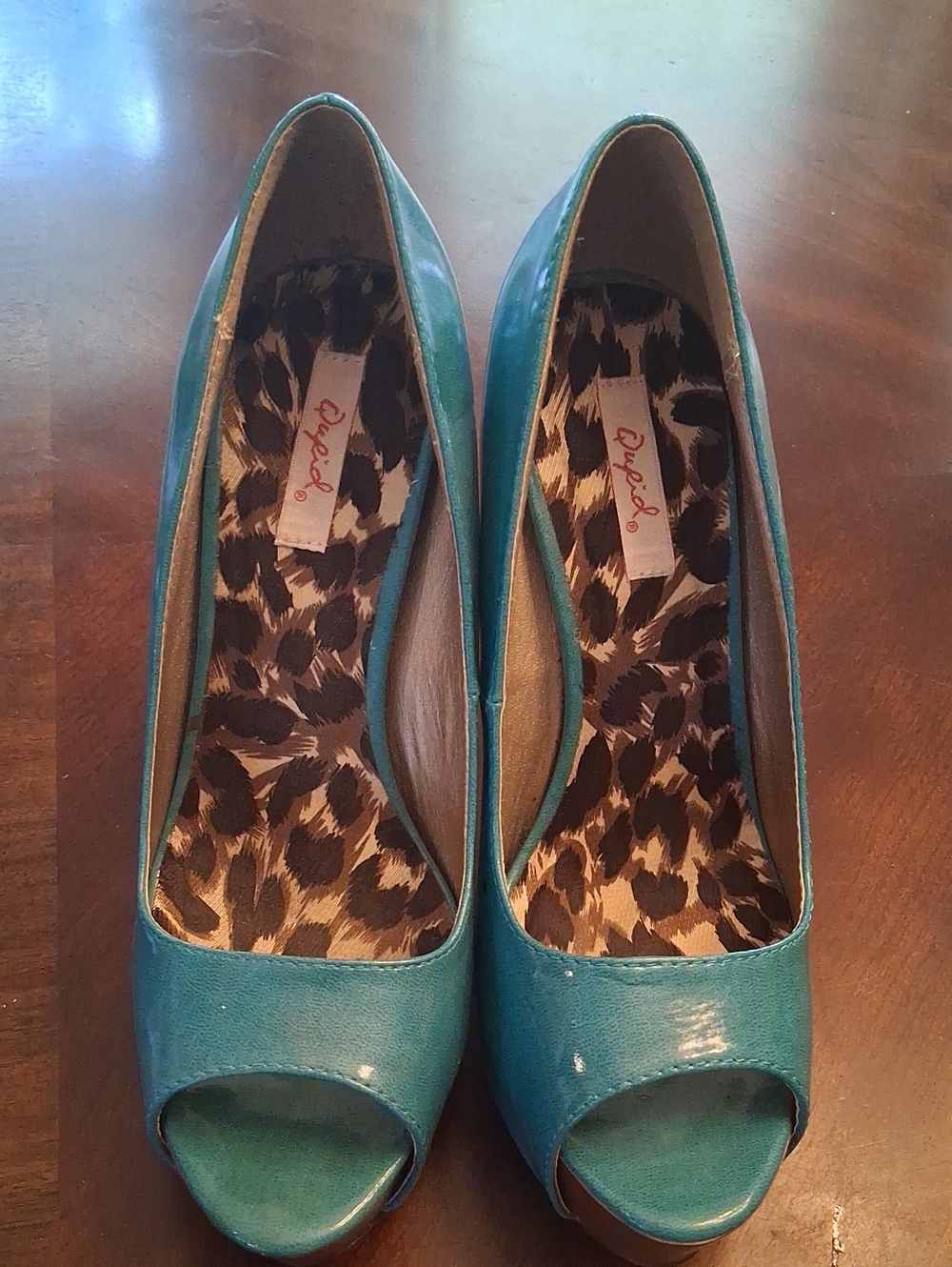 Qupid Teal Peep-Toe Pumps with Leopard-Print Insole